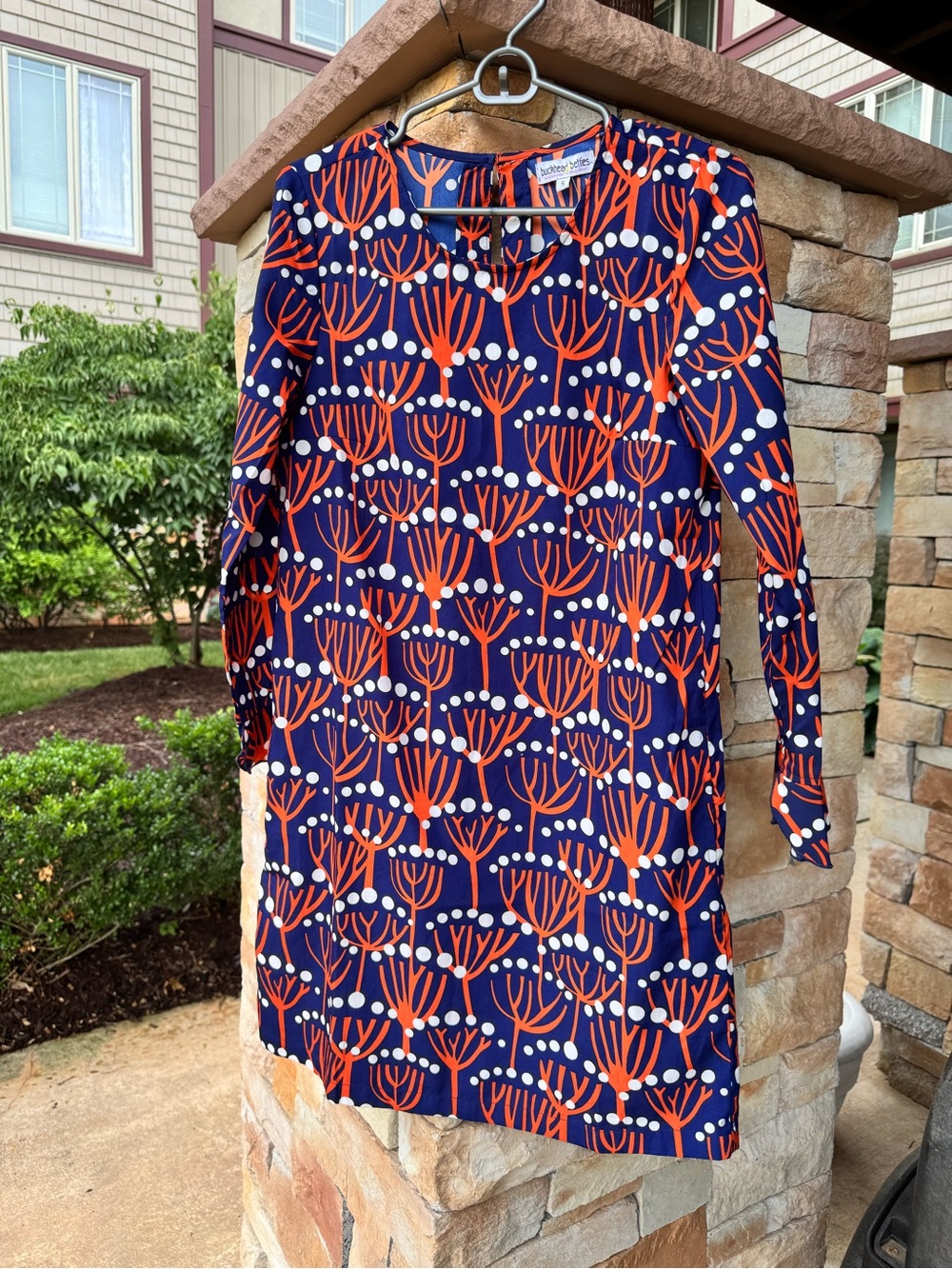 Navy Blue Dress with Orange & White Graphic Print
